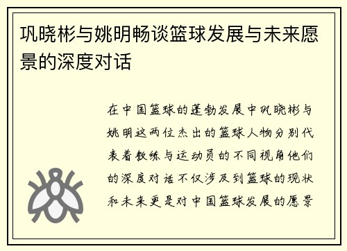 巩晓彬与姚明畅谈篮球发展与未来愿景的深度对话
